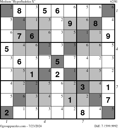 The grouppuzzles.com Medium HyperSudoku-X puzzle for Tuesday July 23, 2024 with all 7 steps marked