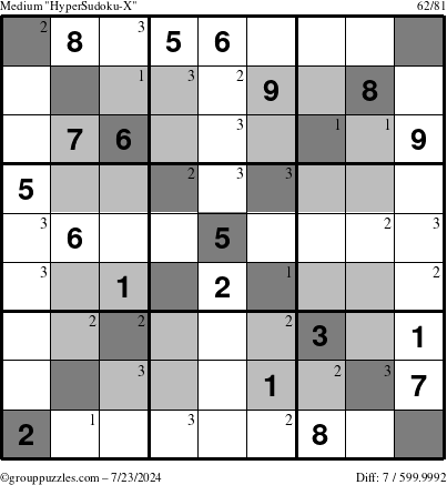 The grouppuzzles.com Medium HyperSudoku-X puzzle for Tuesday July 23, 2024 with the first 3 steps marked