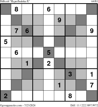 The grouppuzzles.com Difficult HyperSudoku-X puzzle for Tuesday July 23, 2024