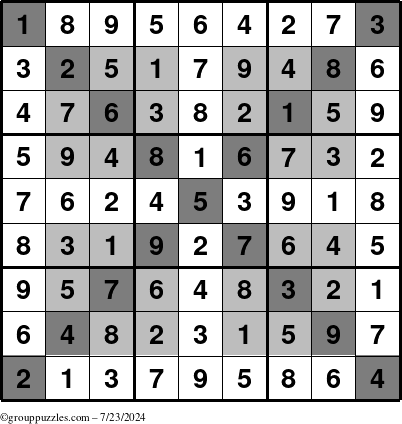 The grouppuzzles.com Answer grid for the HyperSudoku-X puzzle for Tuesday July 23, 2024