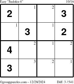 The grouppuzzles.com Easy Sudoku-4 puzzle for Saturday December 28, 2024 with the first 3 steps marked