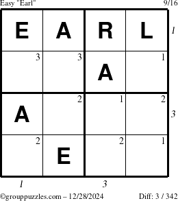 The grouppuzzles.com Easy Earl puzzle for Saturday December 28, 2024 with all 3 steps marked