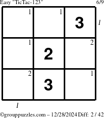 The grouppuzzles.com Easy TicTac-123 puzzle for Saturday December 28, 2024 with all 2 steps marked