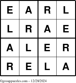 The grouppuzzles.com Answer grid for the Earl puzzle for Saturday December 28, 2024