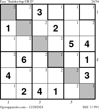 The grouppuzzles.com Easy Sudoku-6up-UR-D puzzle for Saturday December 28, 2024 with all 3 steps marked