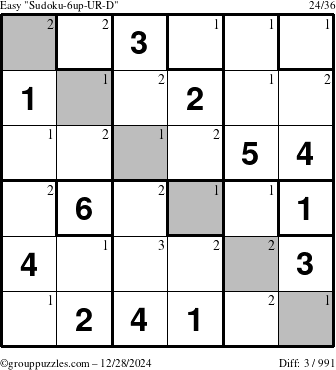 The grouppuzzles.com Easy Sudoku-6up-UR-D puzzle for Saturday December 28, 2024 with the first 3 steps marked