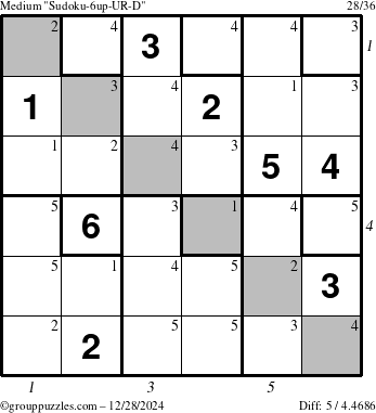 The grouppuzzles.com Medium Sudoku-6up-UR-D puzzle for Saturday December 28, 2024, suitable for printing, with all 5 steps marked