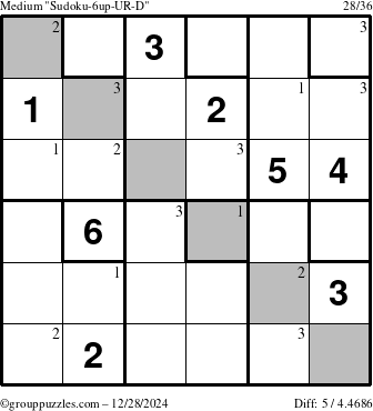 The grouppuzzles.com Medium Sudoku-6up-UR-D puzzle for Saturday December 28, 2024 with the first 3 steps marked