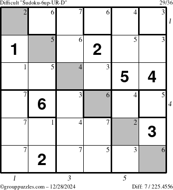 The grouppuzzles.com Difficult Sudoku-6up-UR-D puzzle for Saturday December 28, 2024 with all 7 steps marked