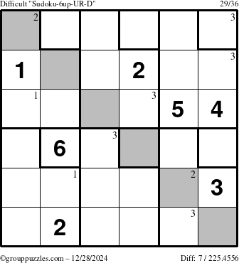 The grouppuzzles.com Difficult Sudoku-6up-UR-D puzzle for Saturday December 28, 2024 with the first 3 steps marked