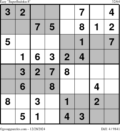 The grouppuzzles.com Easy SuperSudoku-8 puzzle for Saturday December 28, 2024