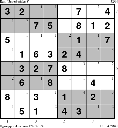 The grouppuzzles.com Easy SuperSudoku-8 puzzle for Saturday December 28, 2024 with all 4 steps marked