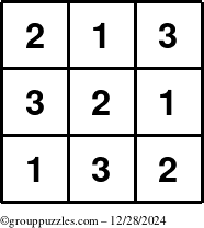 The grouppuzzles.com Answer grid for the TicTac-123 puzzle for Saturday December 28, 2024