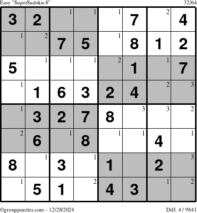 The grouppuzzles.com Easy SuperSudoku-8 puzzle for Saturday December 28, 2024 with the first 3 steps marked