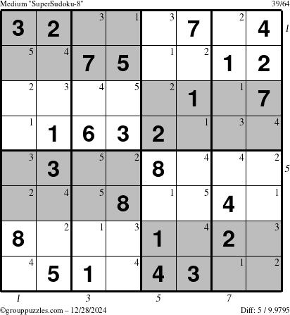 The grouppuzzles.com Medium SuperSudoku-8 puzzle for Saturday December 28, 2024 with all 5 steps marked