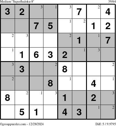 The grouppuzzles.com Medium SuperSudoku-8 puzzle for Saturday December 28, 2024 with the first 3 steps marked