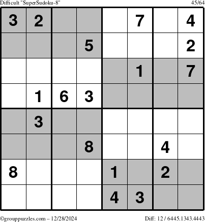 The grouppuzzles.com Difficult SuperSudoku-8 puzzle for Saturday December 28, 2024