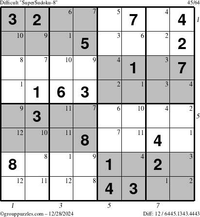 The grouppuzzles.com Difficult SuperSudoku-8 puzzle for Saturday December 28, 2024 with all 12 steps marked