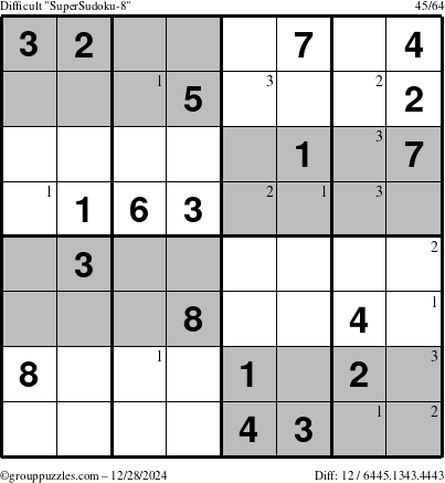 The grouppuzzles.com Difficult SuperSudoku-8 puzzle for Saturday December 28, 2024 with the first 3 steps marked