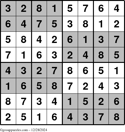 The grouppuzzles.com Answer grid for the SuperSudoku-8 puzzle for Saturday December 28, 2024