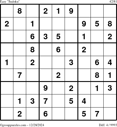 The grouppuzzles.com Easy Sudoku puzzle for Saturday December 28, 2024