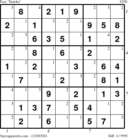 The grouppuzzles.com Easy Sudoku puzzle for Saturday December 28, 2024, suitable for printing, with all 4 steps marked