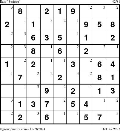 The grouppuzzles.com Easy Sudoku puzzle for Saturday December 28, 2024 with the first 3 steps marked