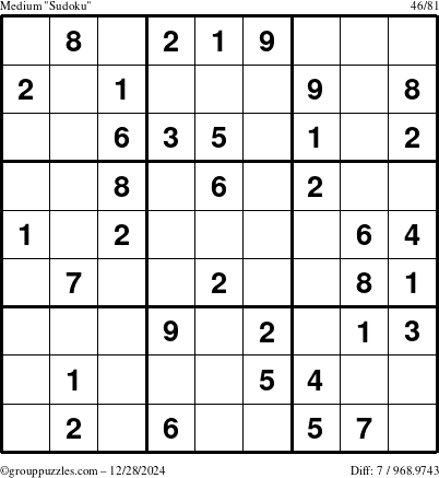 The grouppuzzles.com Medium Sudoku puzzle for Saturday December 28, 2024