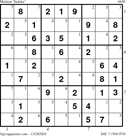 The grouppuzzles.com Medium Sudoku puzzle for Saturday December 28, 2024 with all 7 steps marked