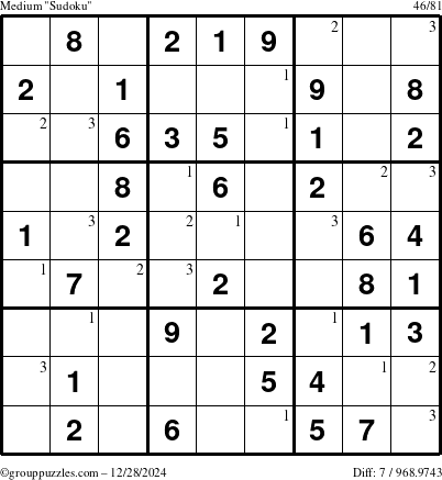 The grouppuzzles.com Medium Sudoku puzzle for Saturday December 28, 2024 with the first 3 steps marked