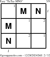 The grouppuzzles.com Easy TicTac-MNO puzzle for Saturday December 28, 2024 with all 2 steps marked