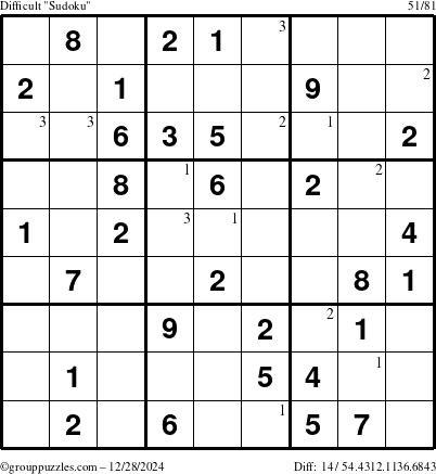 The grouppuzzles.com Difficult Sudoku puzzle for Saturday December 28, 2024 with the first 3 steps marked