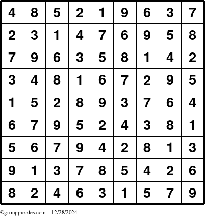 The grouppuzzles.com Answer grid for the Sudoku puzzle for Saturday December 28, 2024