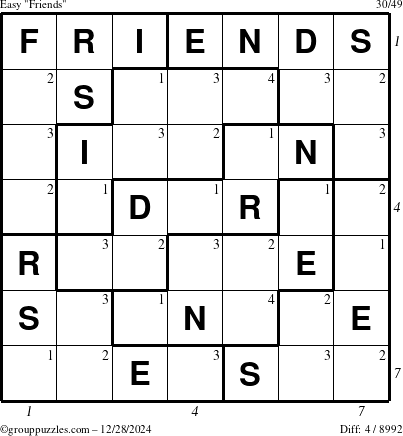 The grouppuzzles.com Easy Friends puzzle for Saturday December 28, 2024 with all 4 steps marked