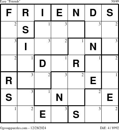 The grouppuzzles.com Easy Friends puzzle for Saturday December 28, 2024 with the first 3 steps marked