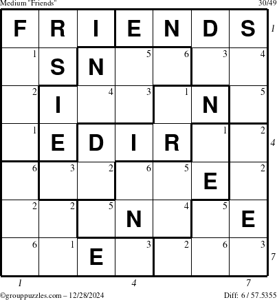 The grouppuzzles.com Medium Friends puzzle for Saturday December 28, 2024 with all 6 steps marked