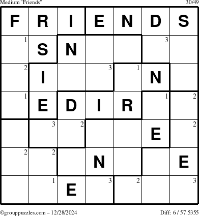 The grouppuzzles.com Medium Friends puzzle for Saturday December 28, 2024 with the first 3 steps marked