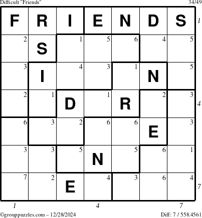 The grouppuzzles.com Difficult Friends puzzle for Saturday December 28, 2024 with all 7 steps marked