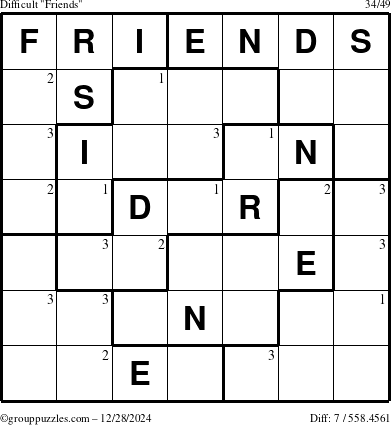 The grouppuzzles.com Difficult Friends puzzle for Saturday December 28, 2024 with the first 3 steps marked