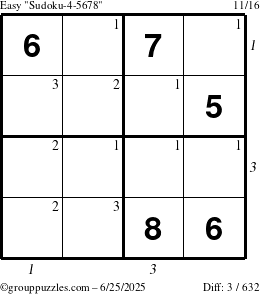 The grouppuzzles.com Easy Sudoku-4-5678 puzzle for Wednesday June 25, 2025 with all 3 steps marked