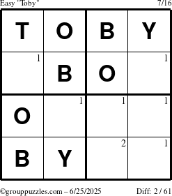 The grouppuzzles.com Easy Toby puzzle for Wednesday June 25, 2025 with the first 2 steps marked