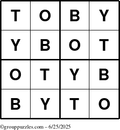 The grouppuzzles.com Answer grid for the Toby puzzle for Wednesday June 25, 2025