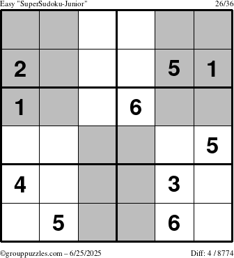 The grouppuzzles.com Easy SuperSudoku-Junior puzzle for Wednesday June 25, 2025