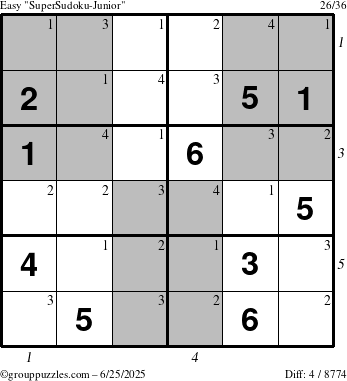 The grouppuzzles.com Easy SuperSudoku-Junior puzzle for Wednesday June 25, 2025 with all 4 steps marked