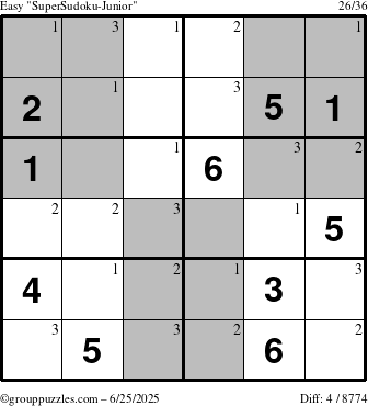 The grouppuzzles.com Easy SuperSudoku-Junior puzzle for Wednesday June 25, 2025 with the first 3 steps marked