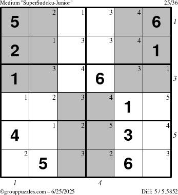 The grouppuzzles.com Medium SuperSudoku-Junior puzzle for Wednesday June 25, 2025 with all 5 steps marked