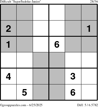 The grouppuzzles.com Difficult SuperSudoku-Junior puzzle for Wednesday June 25, 2025