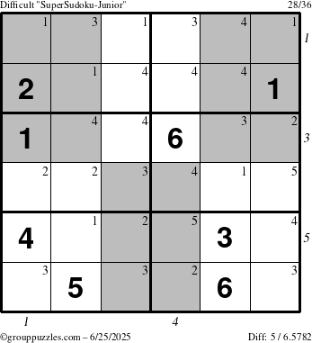 The grouppuzzles.com Difficult SuperSudoku-Junior puzzle for Wednesday June 25, 2025 with all 5 steps marked