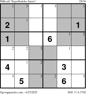 The grouppuzzles.com Difficult SuperSudoku-Junior puzzle for Wednesday June 25, 2025 with the first 3 steps marked