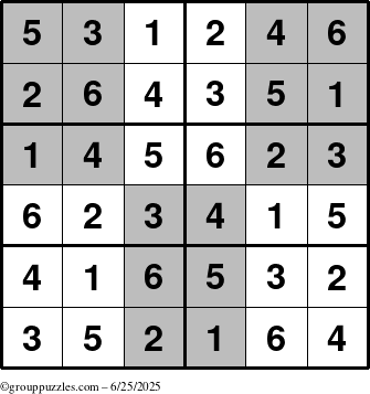 The grouppuzzles.com Answer grid for the SuperSudoku-Junior puzzle for Wednesday June 25, 2025
